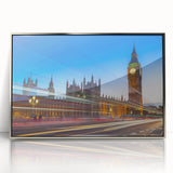 Acrylic print of Big Ben in muted gray tones, framed in silver, ideal for modern art wall decor.