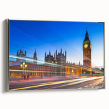 Framed canvas landscape art painting featuring a vintage-style depiction of England's Big Ben in muted black and silver…
