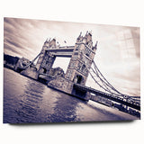 Large abstract depiction of London's skyline on acrylic glass, featuring muted gray and blue tones.