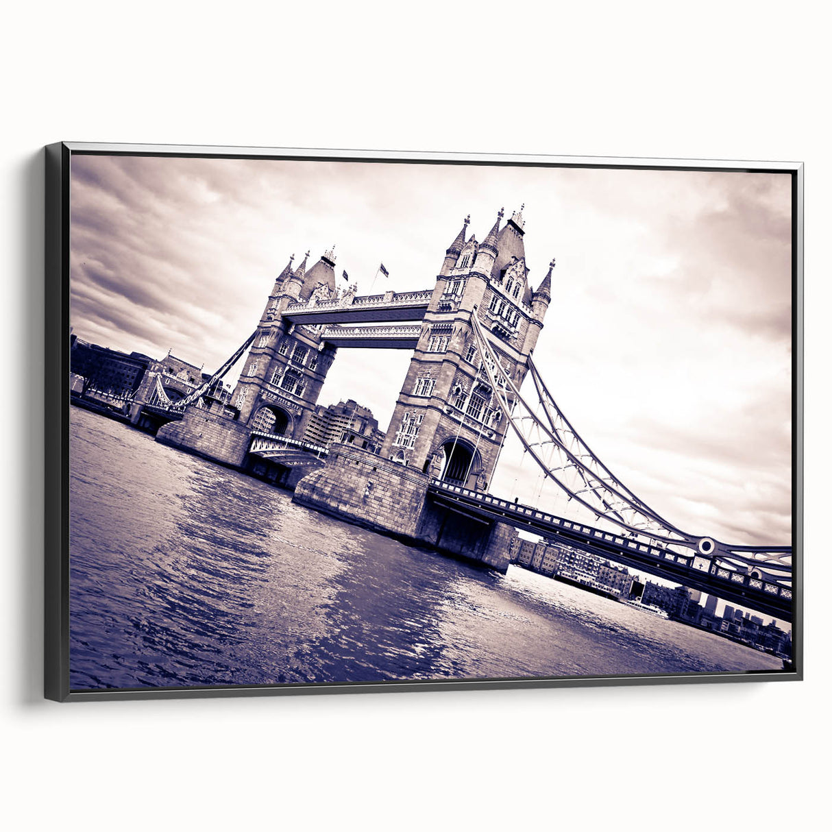 Black and white wall art of the London skyline on framed canvas, featuring vintage poster art style, ideal for bedroom decor.