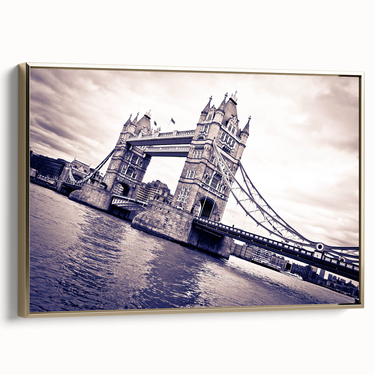 Framed canvas depicting a vintage-style London landscape in black and gold tones, ideal for bedroom wall art.