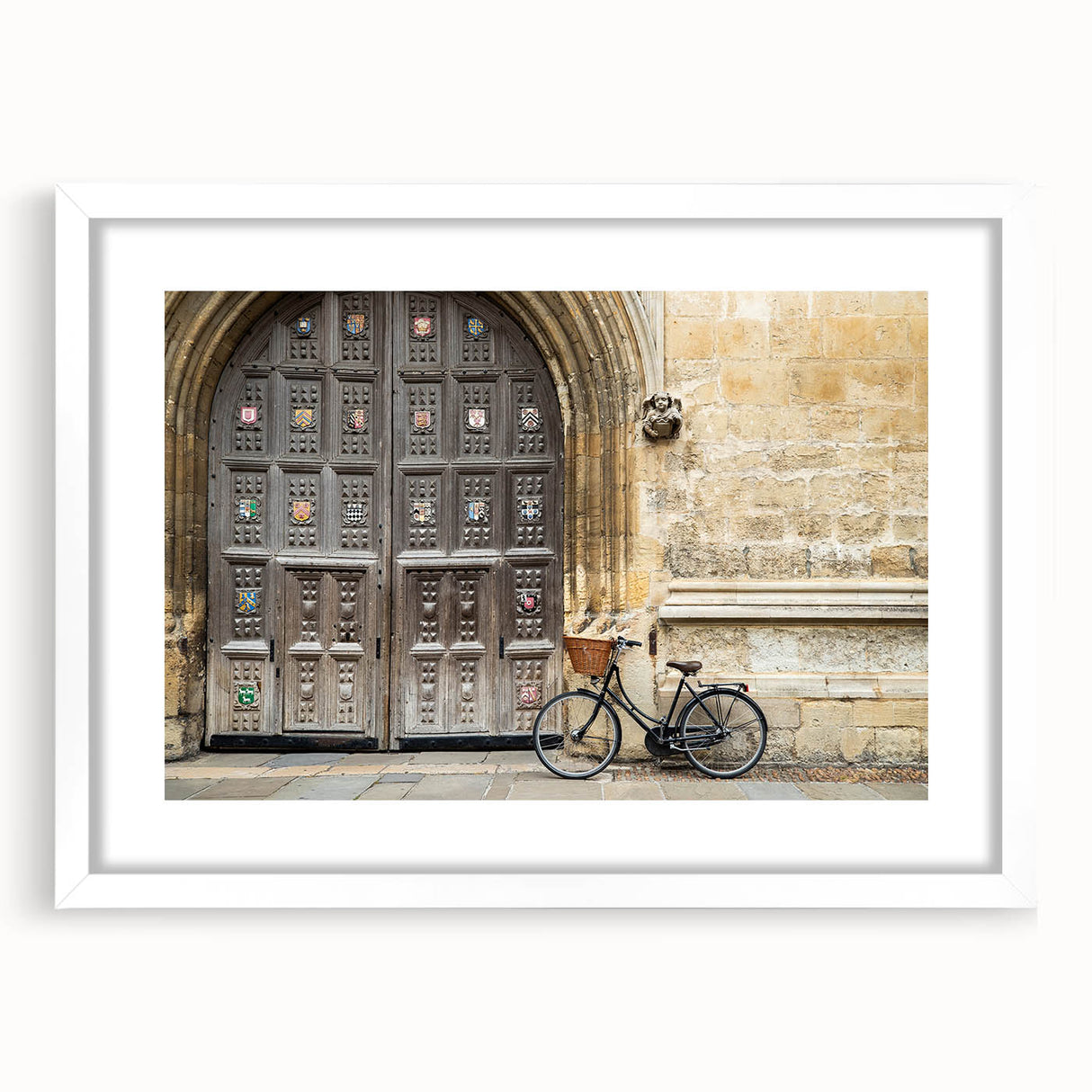 Textured abstract art print of Oxford scenery in muted earth tones, framed with a white mat, ideal for bedroom decor.