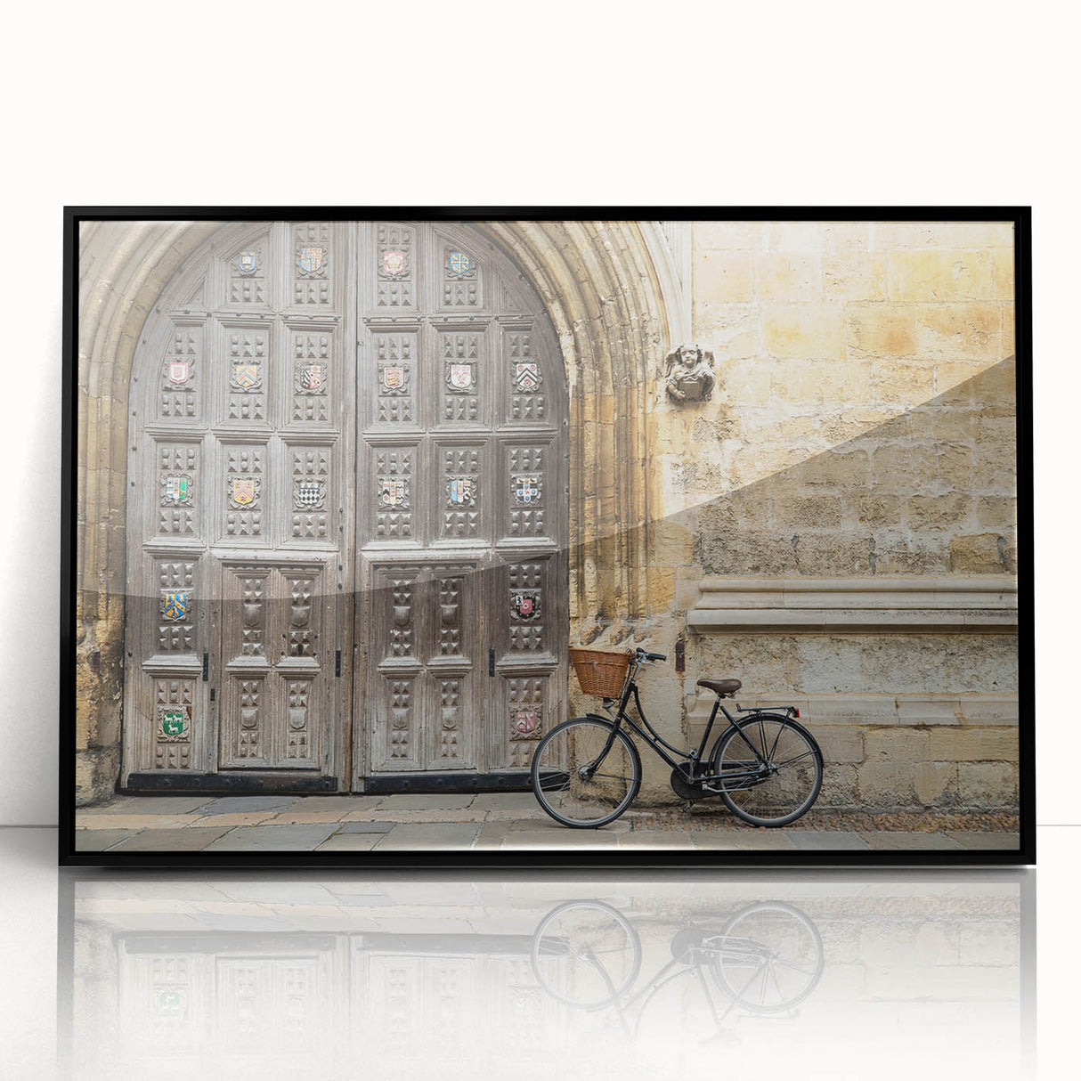 Large abstract wall art depicting Oxford's scenery in muted earth tones, framed in black acrylic.