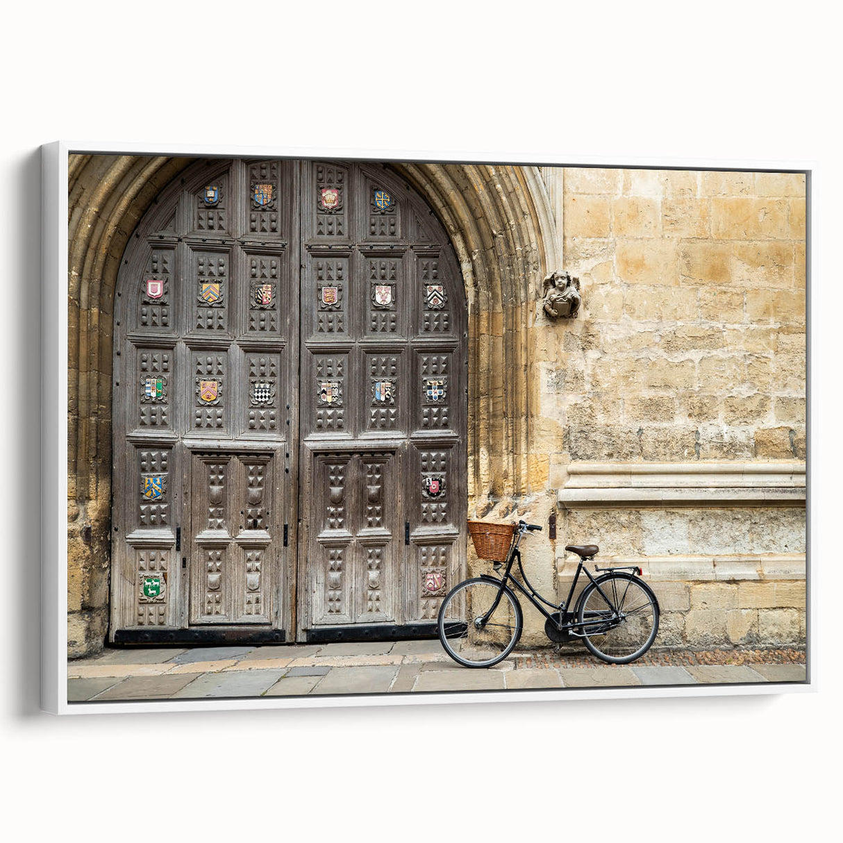 Vintage poster art of Oxford scenery, featuring colorful art on a white framed canvas.