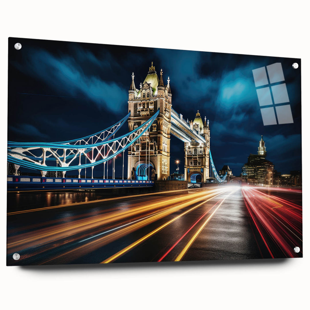Acrylic print of the Tower Bridge in muted gray and blue tones, suitable for dining room decor.