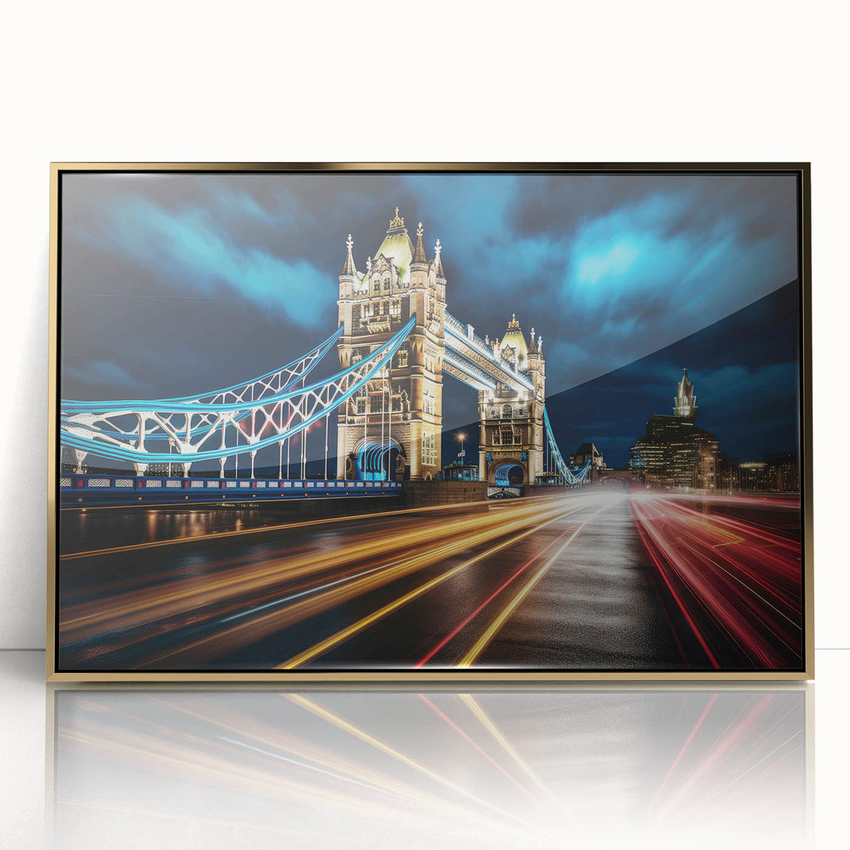Acrylic print of Tower Bridge in muted gold and gray tones, ideal for modern art wall decor in a study.