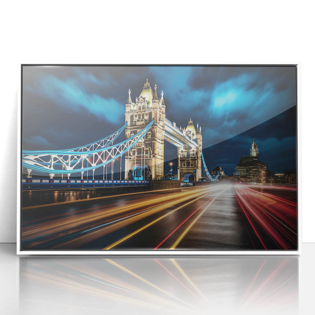 Mid-century modernist art of Tower Bridge in muted blue and gray tones on acrylic, ideal for modern art wall decor.