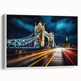 Vintage poster art of Tower Bridge in muted colors on framed canvas, suitable for living room decor.