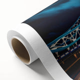 Art Deco poster of Tower Bridge with muted blue and gray tones on rolled canvas, ideal for nursery wall art.