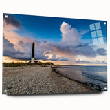 Acrylic glass print of a large abstract depiction of a European scenery in cool blue and green tones.