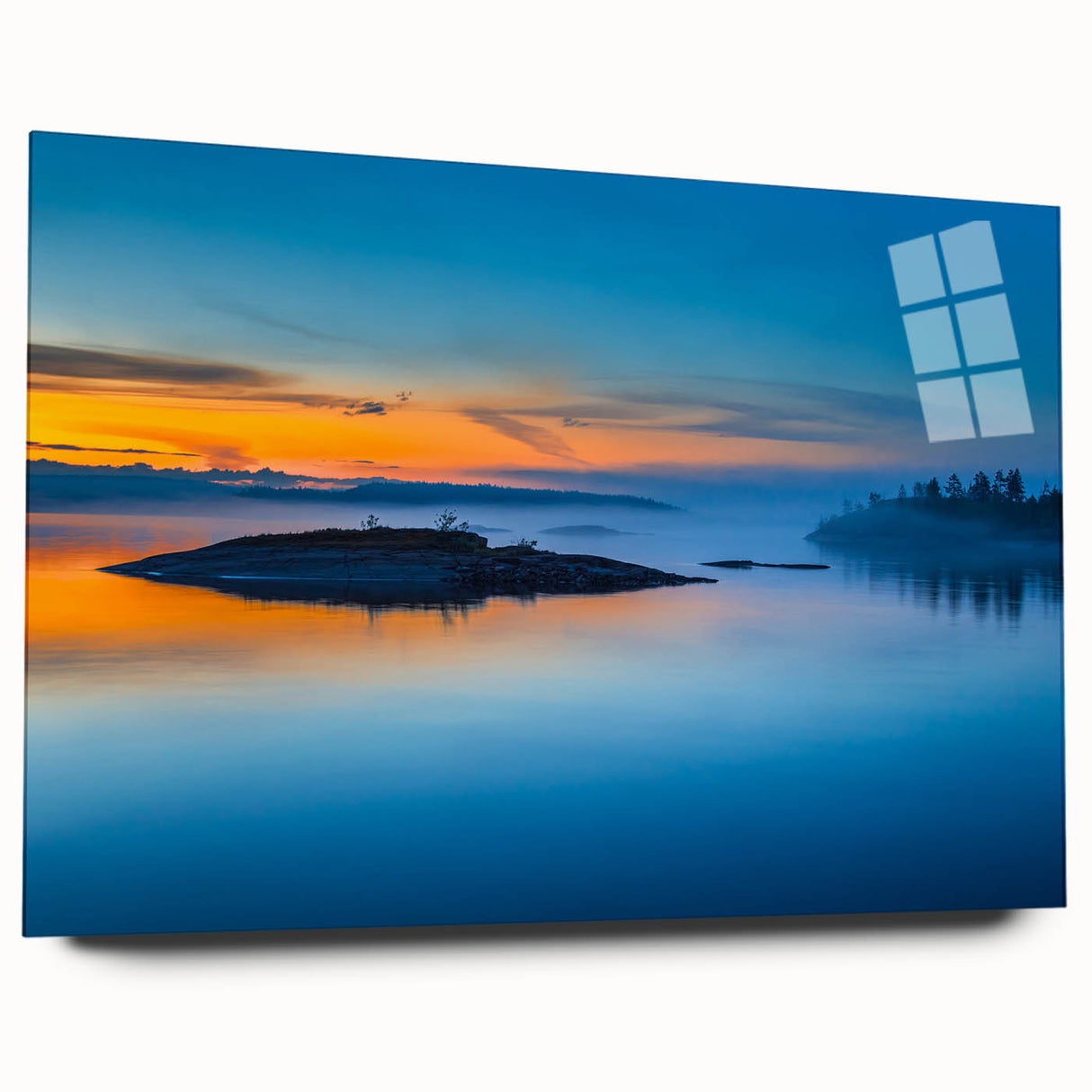 Large abstract wall art of a serene Finnish landscape in muted blues and greens on acrylic glass.