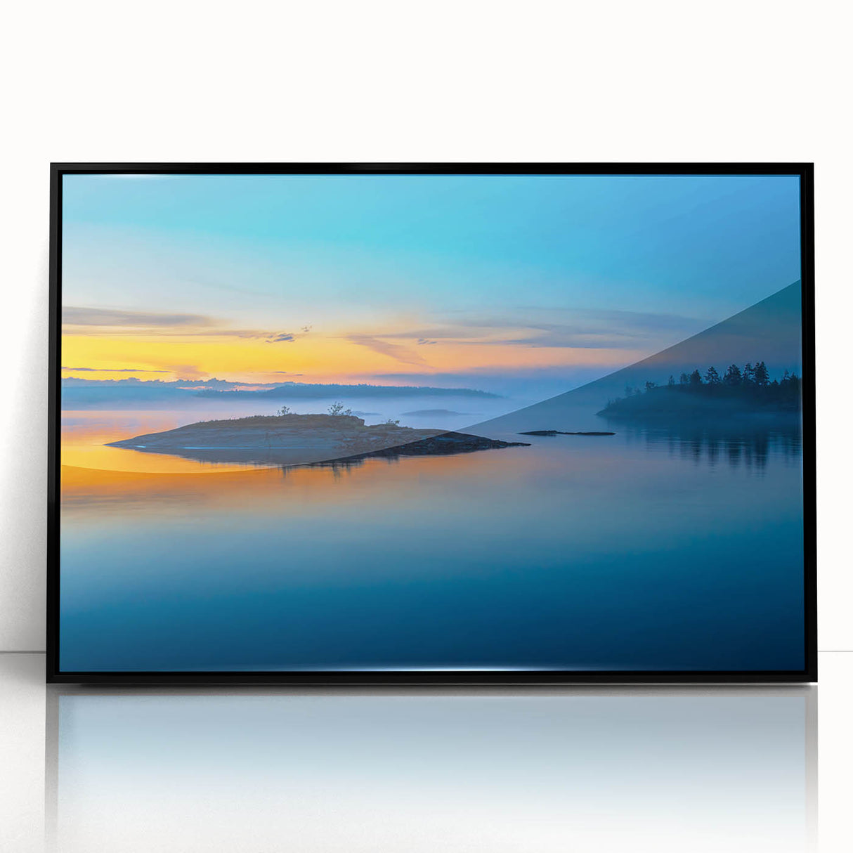 Large abstract wall art depicting a serene Finnish landscape in muted blue and green tones, framed in black acrylic.
