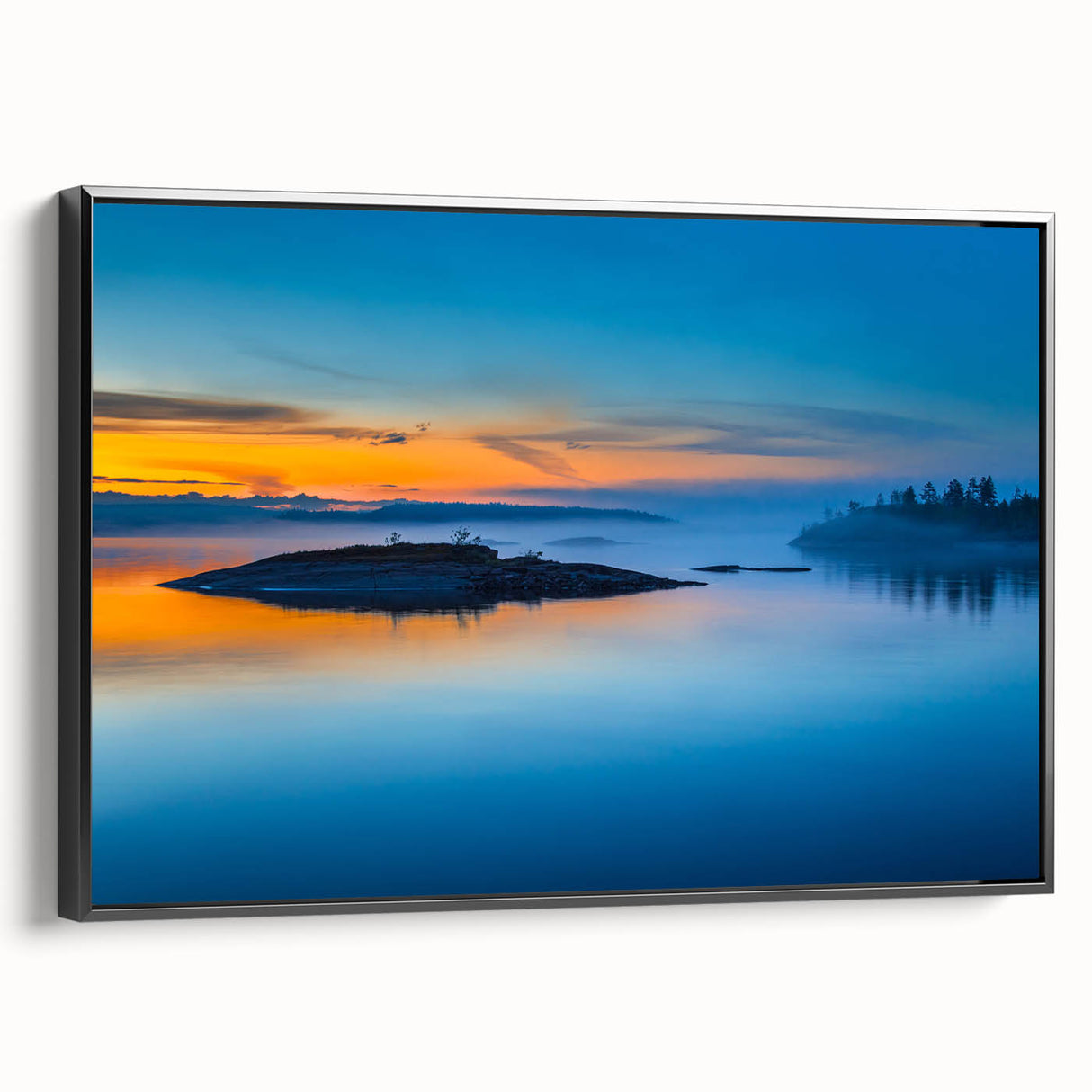 Black and white landscape art painting of a serene Finnish scenery on framed canvas, suitable for bedroom decor.