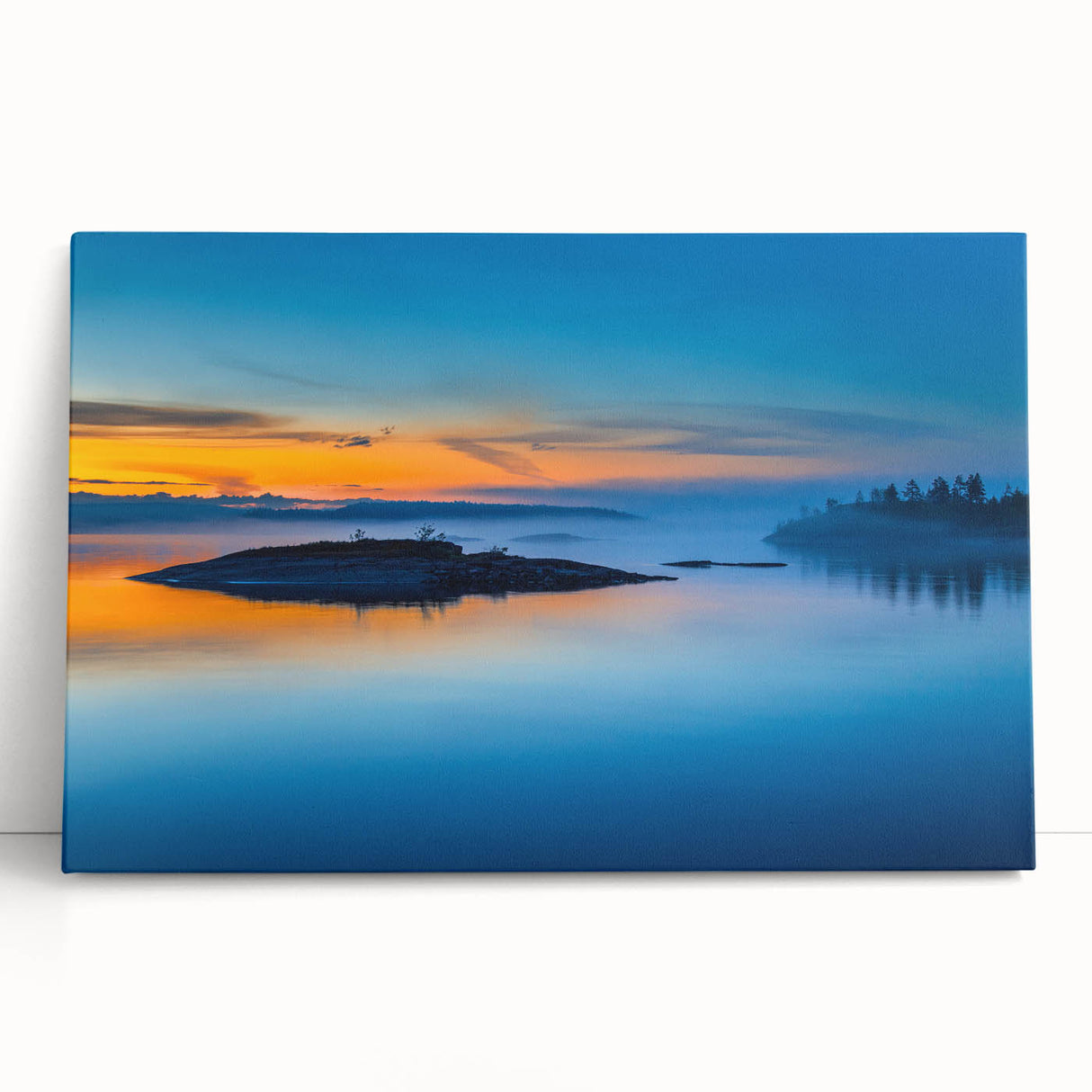 Black and white photograph of a tranquil Finnish landscape on large stretched canvas, ideal for kitchen wall art.
