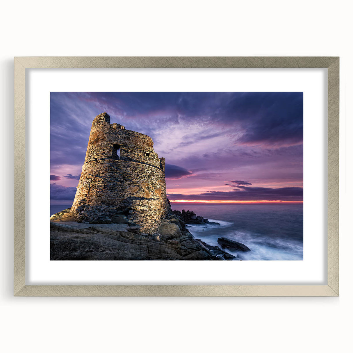 Extra large abstract art print depicting a textured Corsican landscape in muted earth tones, framed in silver.