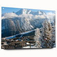 Acrylic print of the French Alps with vivid blue and green tones, ideal for enhancing dining room decor.
