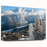 Acrylic print of the French Alps with vivid blue and green tones, ideal for enhancing dining room decor.