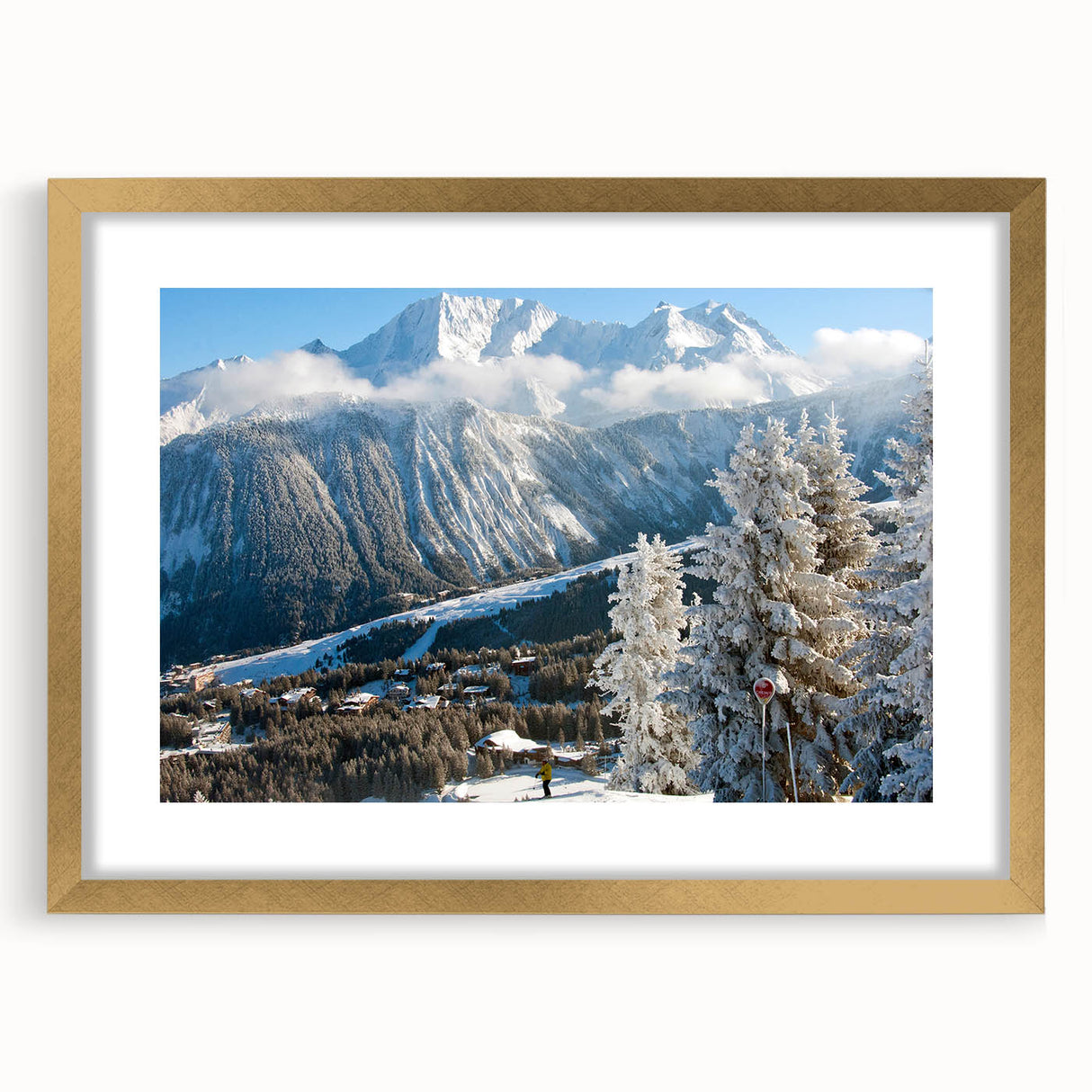 Abstract art print of the French Alps in muted earth tones on a gold-framed mat, ideal for dining room decor.
