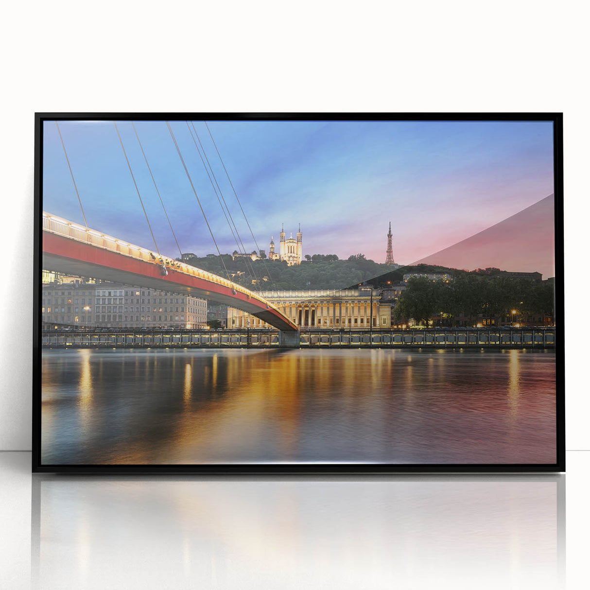 Large abstract wall art depicting the Lyon cityscape in muted gray and blue tones on a framed acrylic.