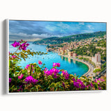 Vintage poster art of Nice, France in colorful hues on extra large framed canvas, ideal for living room decor.