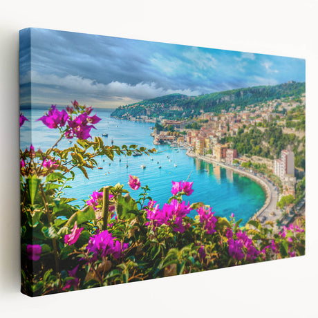 Large art print of a serene Nice, France scenery in soft pastel shades on stretched canvas, ideal for kitchen wall art.