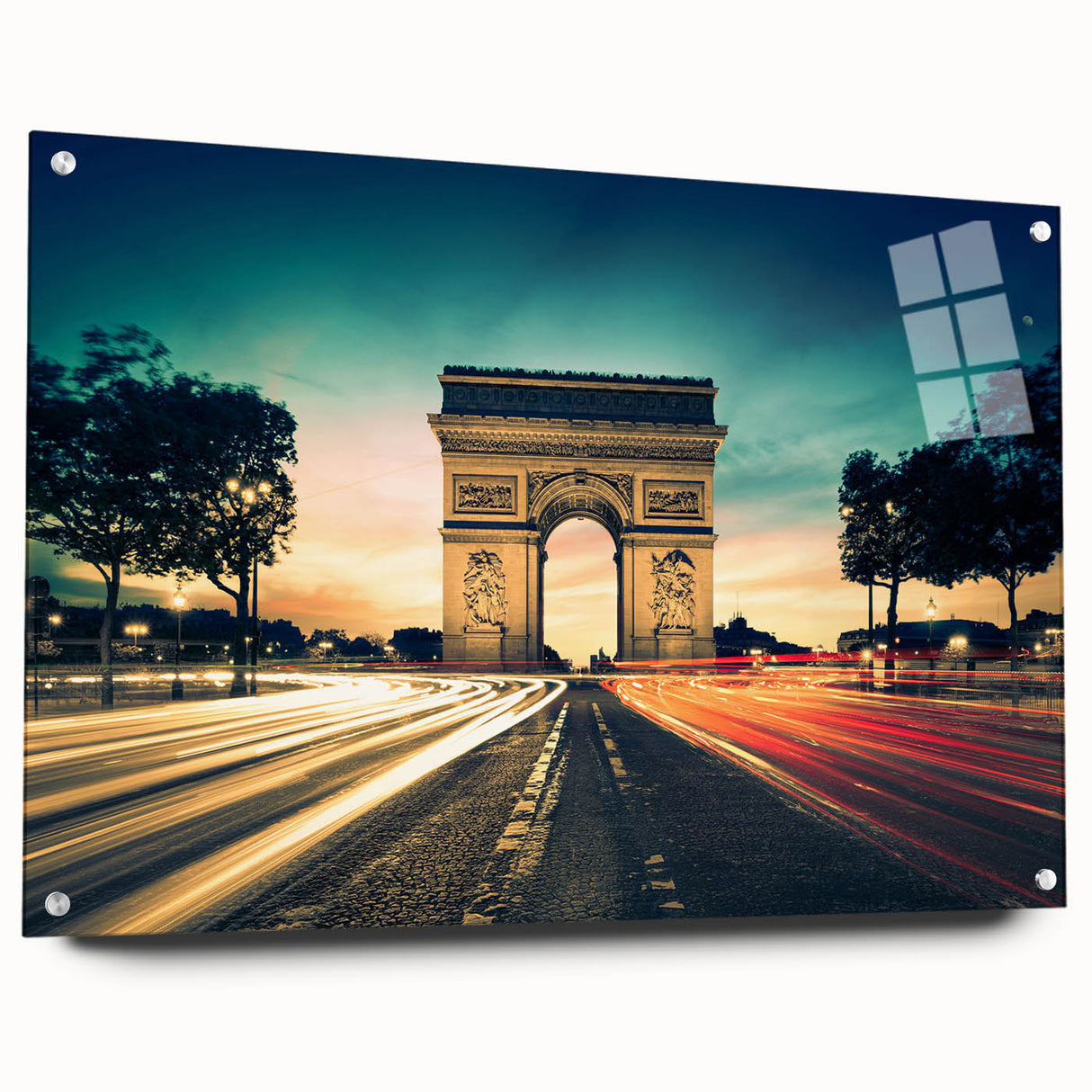 Acrylic glass print of a Parisian streetscape in muted gray and blue tones, suitable for bedroom or dining room decor.