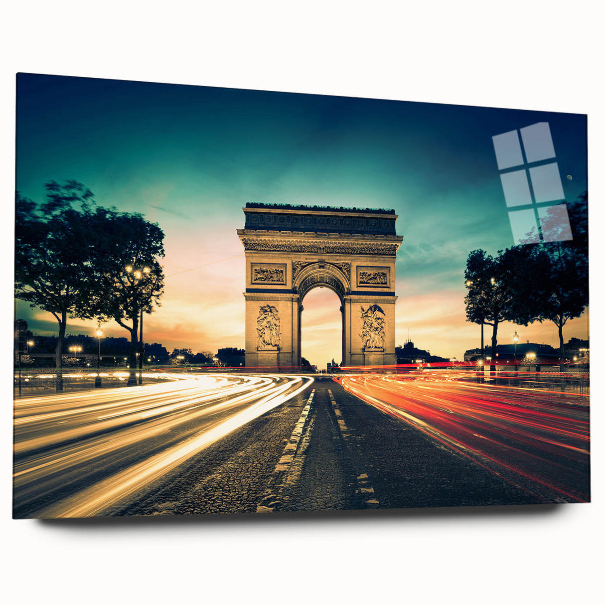 Large abstract depiction of the Paris skyline in muted gray and blue tones on acrylic glass.