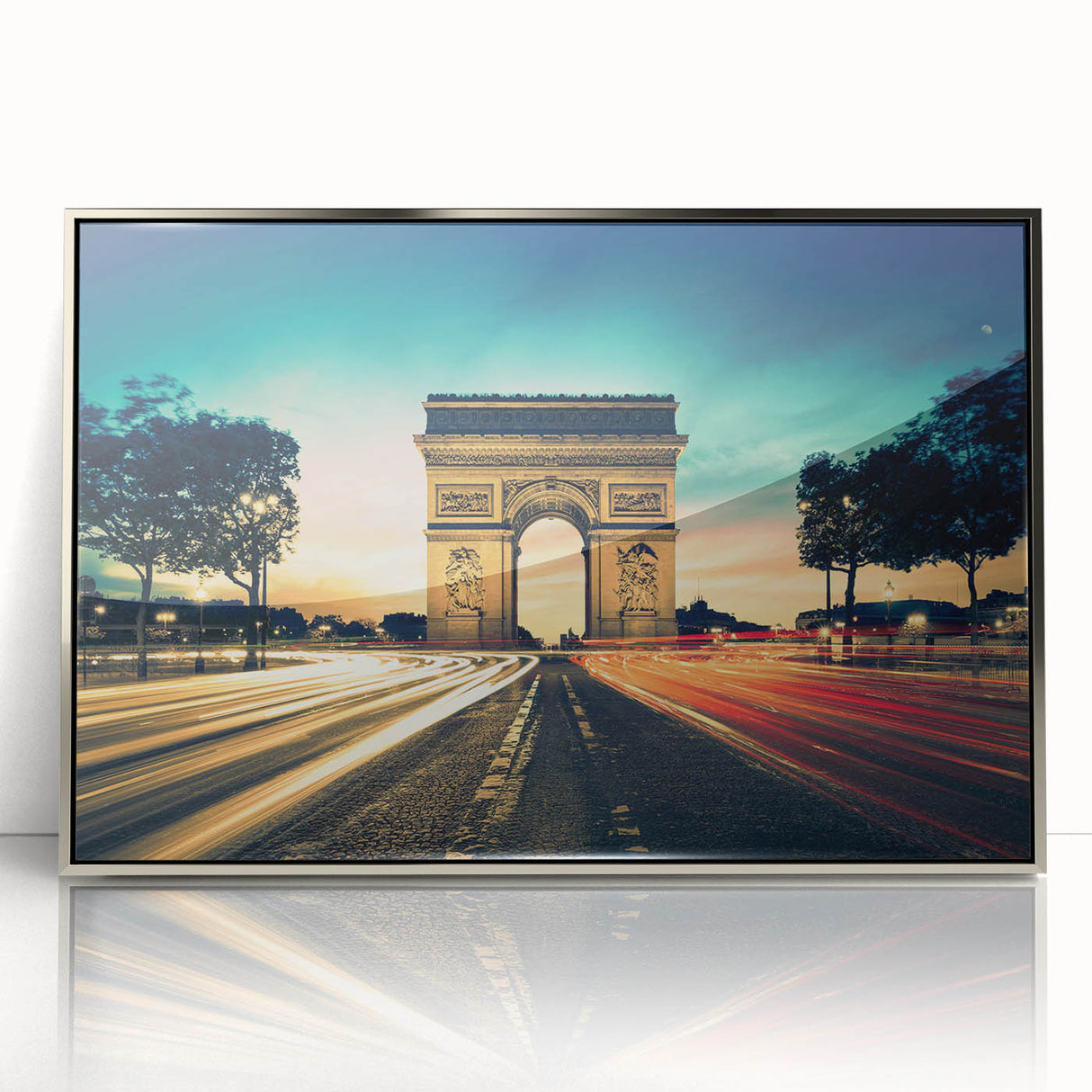 Mid-century modernist art featuring a Parisian scene in muted gray and blue tones on a framed acrylic print.