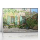 Mid-century modernist art depicting a Provencal landscape in muted pastel shades, acrylic print framed in white.