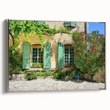 Landscape art painting of Provence, featuring colorful fields and a black frame, on a framed canvas.