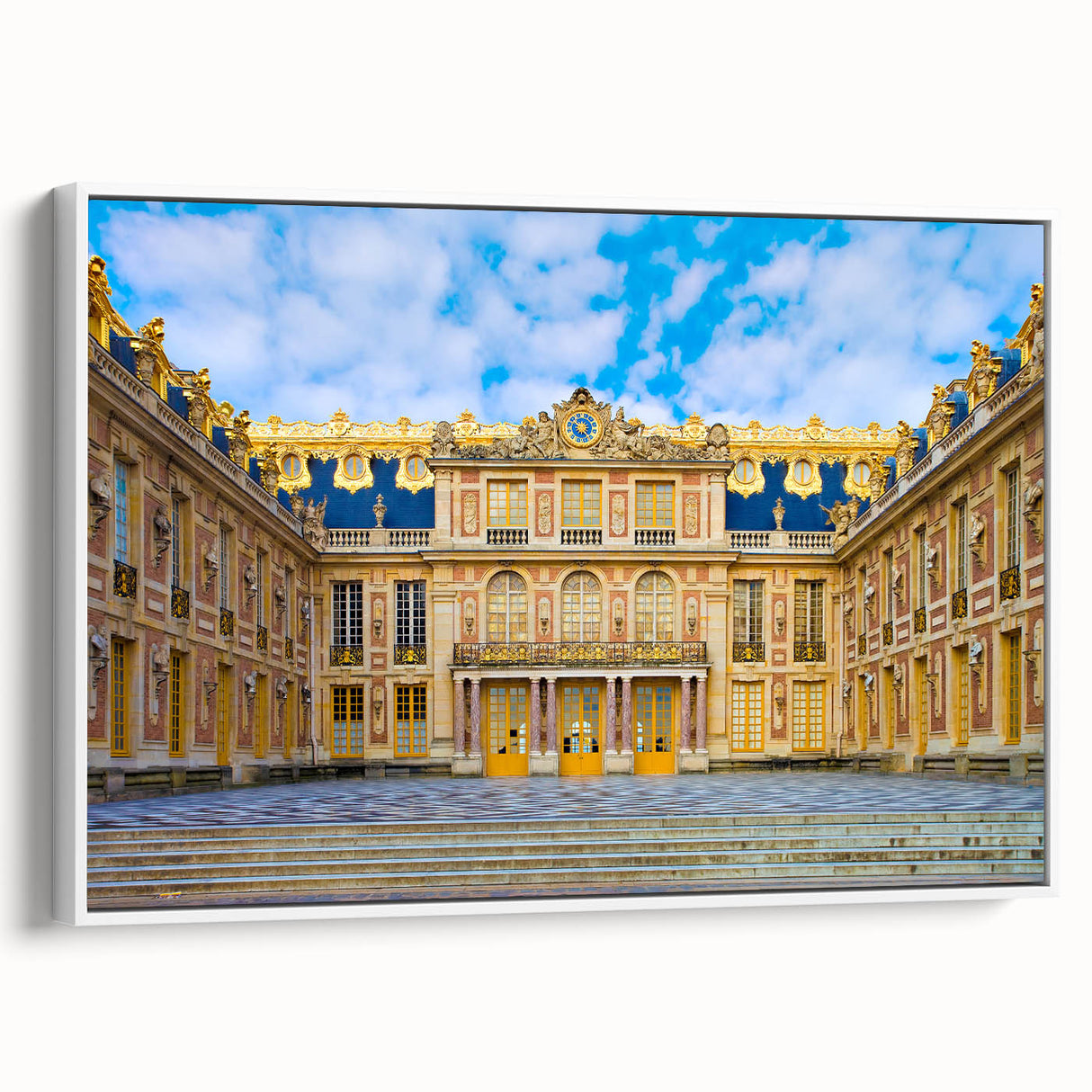 Vintage poster art of Versailles with colorful details on a large framed canvas, ideal for living room decor.