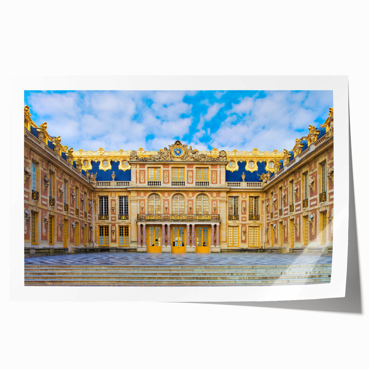 Rolled print of Versailles gardens with lush greenery and floral elements in soft pastel shades.