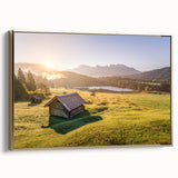 Framed canvas depicting a vintage-style Bavarian landscape in black and gold tones, ideal for bedroom wall art.