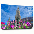 Large abstract depiction of Munich skyline in muted gray and blue on acrylic glass, ideal for dining room art.