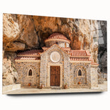 Acrylic print of a serene Crete landscape in soft blue and white tones, ideal for bedroom or dining room art.