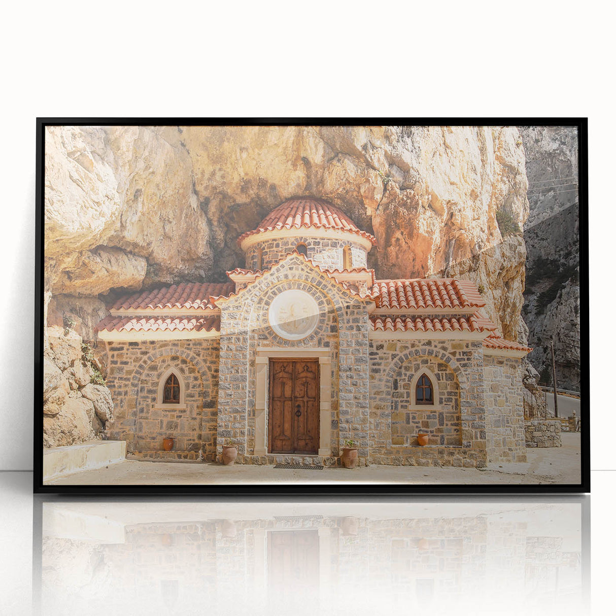 Large abstract wall art depicting a serene Crete landscape in muted earth tones on a framed acrylic.