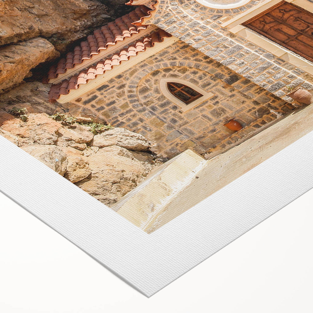 Art deco poster of a Crete, Greece scenery in muted earth tones on rolled canvas, suitable for dining room decor.
