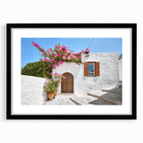 Extra large colorful art print of abstract Rhodes scenery in vibrant hues on textured canvas, framed in black.