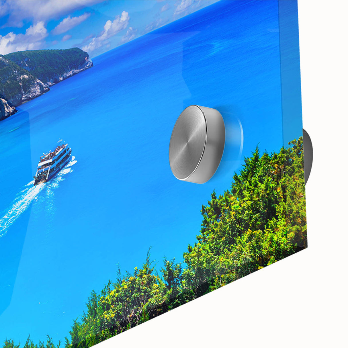 Large abstract wall art depicting a European Greek coastline in muted blue and white tones on acrylic glass.