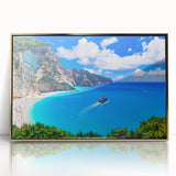 Art Deco-style poster depicting a scenic view of Greece with gold frame, ideal for modern art wall decor.