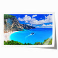 Rolled print of a Greek landscape with vibrant blue and white tones, ideal for art wall dining room.