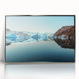 Mid-century modernist large art print depicting a serene Greenland landscape in muted green and blue tones.