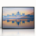 Large abstract wall art depicting a European cityscape in muted gray tones on a framed acrylic.