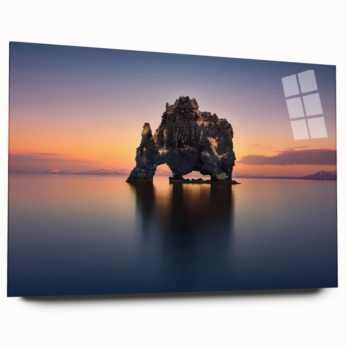 Large abstract wall art of an Icelandic landscape in muted gray and blue tones on acrylic glass.