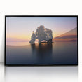 Large abstract wall art depicting a serene Icelandic landscape in muted gray and blue tones, framed in black acrylic.