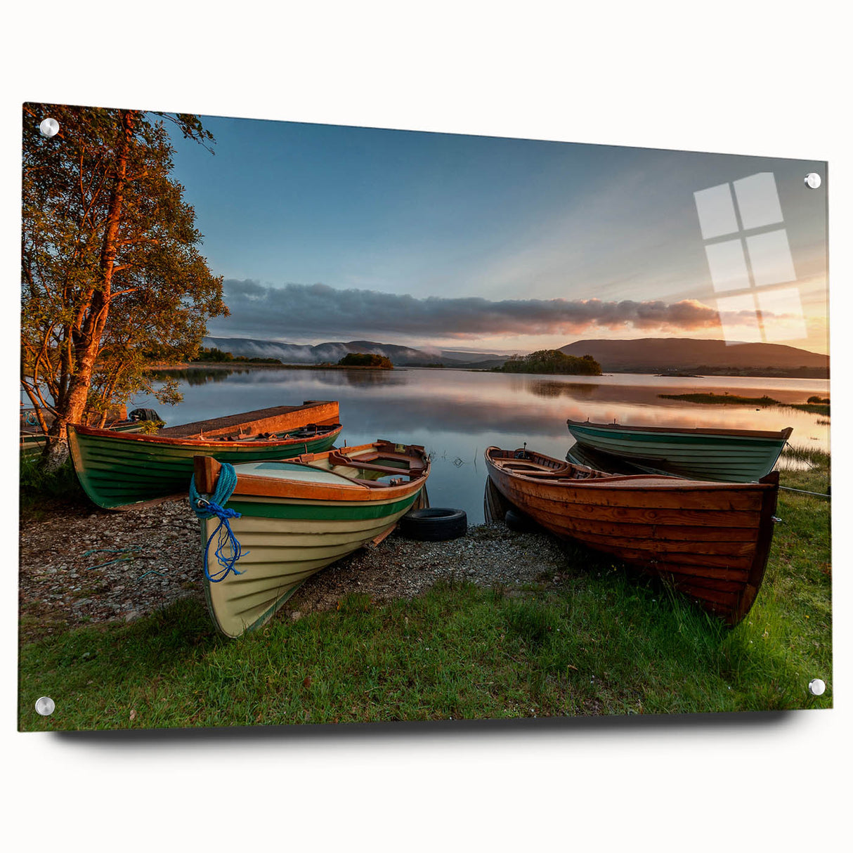 Acrylic print of an abstract Irish landscape in muted green and blue tones, ideal for dining room decor.