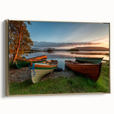 Framed canvas depicting a vintage-style Irish landscape in muted greens and golds, ideal for bedroom wall art.