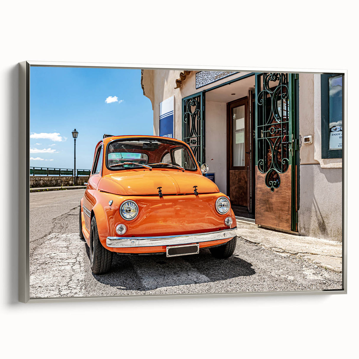 Landscape art painting of the Amalfi Coast with vibrant colors on a framed canvas, ideal for living room decor.