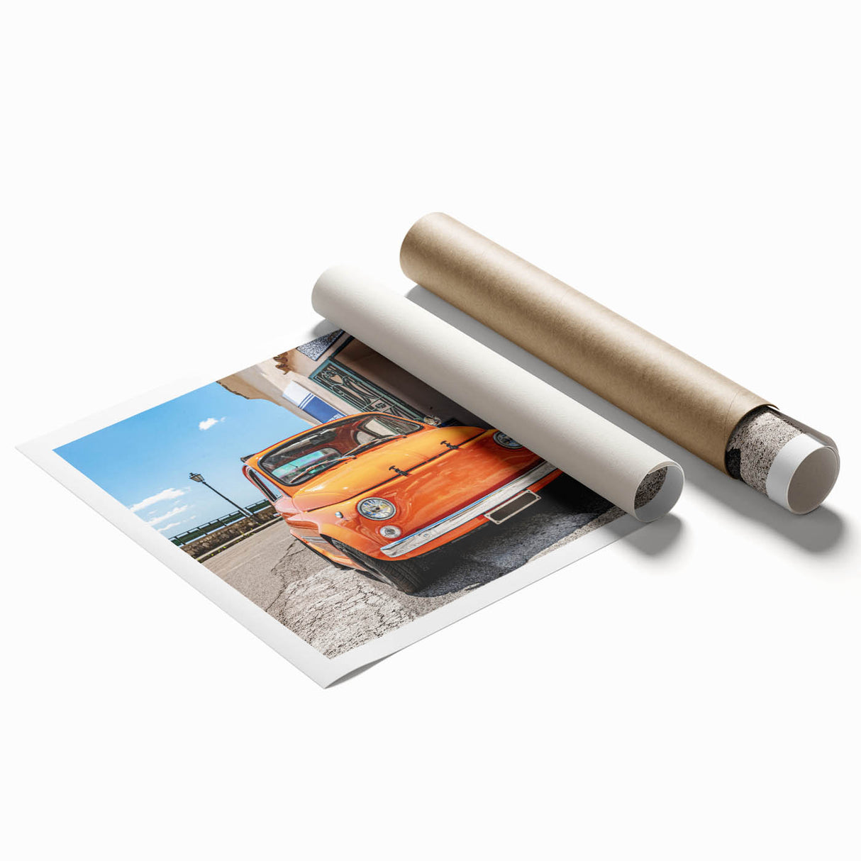 Rolled print of the Amalfi Coast with vibrant blue and pastel houses, ideal for classy bathroom wall art.