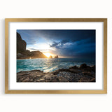 Abstract art print of Capri, Italy, in muted earth tones on a framed canvas, suitable for dining room decor.